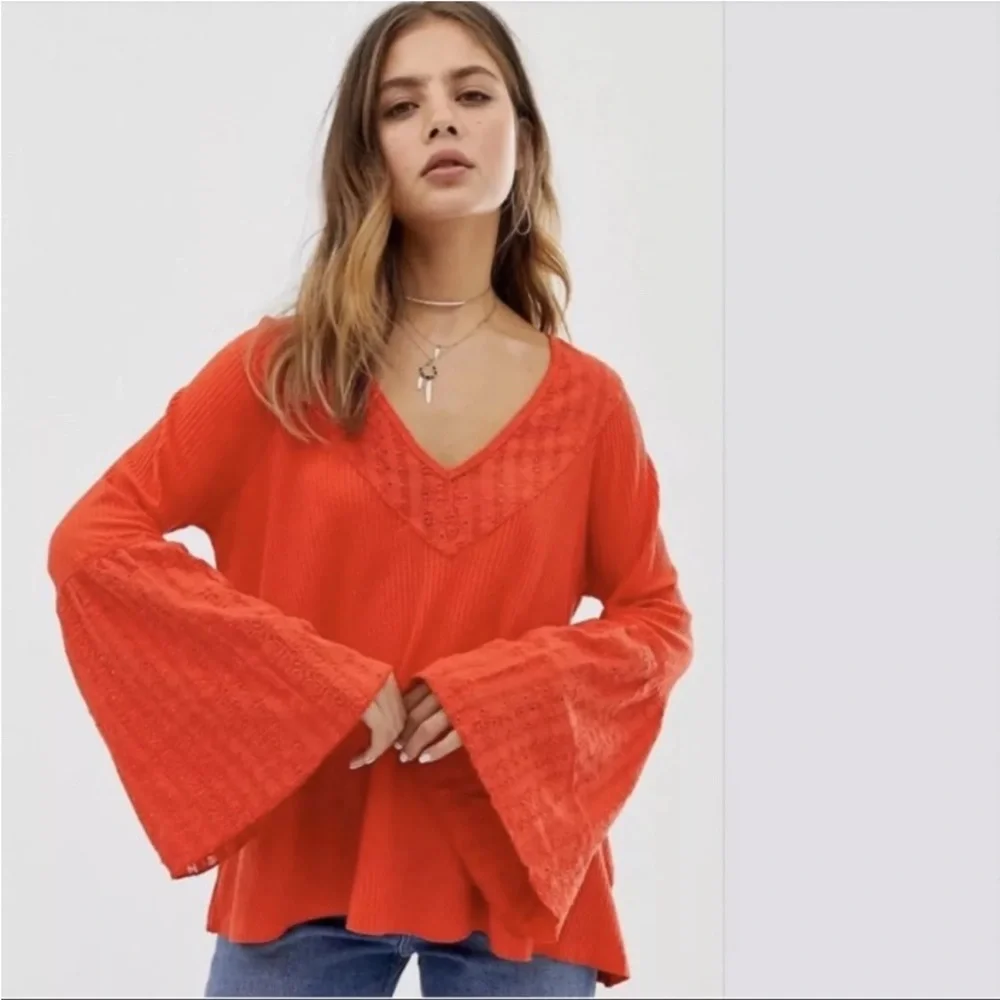 Free People Red Eyelet Lace Wide Bell Sleeve Waffle Knit Thermal Top - Picture 2 of 12